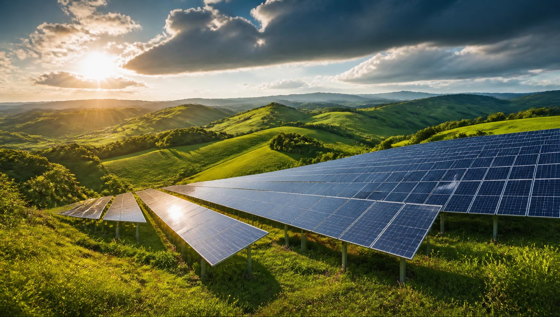 Solar panels installed across green rolling hills